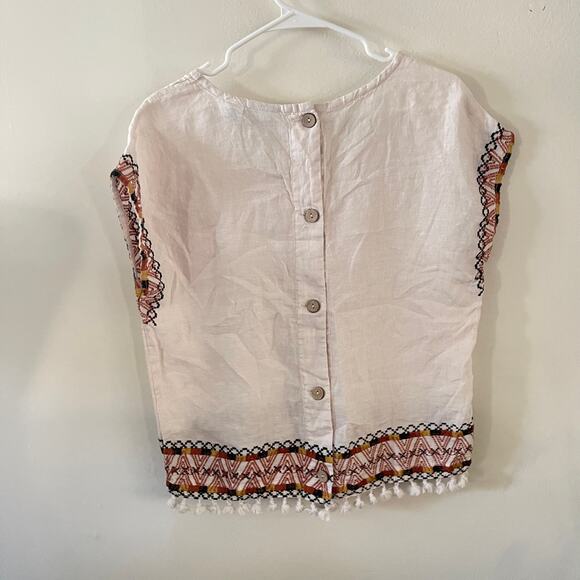Rachel Zoe Linen Embroidered Peasant Blouse Womens Small Ivory Boho Tassel Hem - Picture 2 of 6